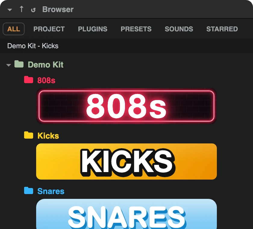 A drum kit styled with NFO Tool in the FL Studio browser